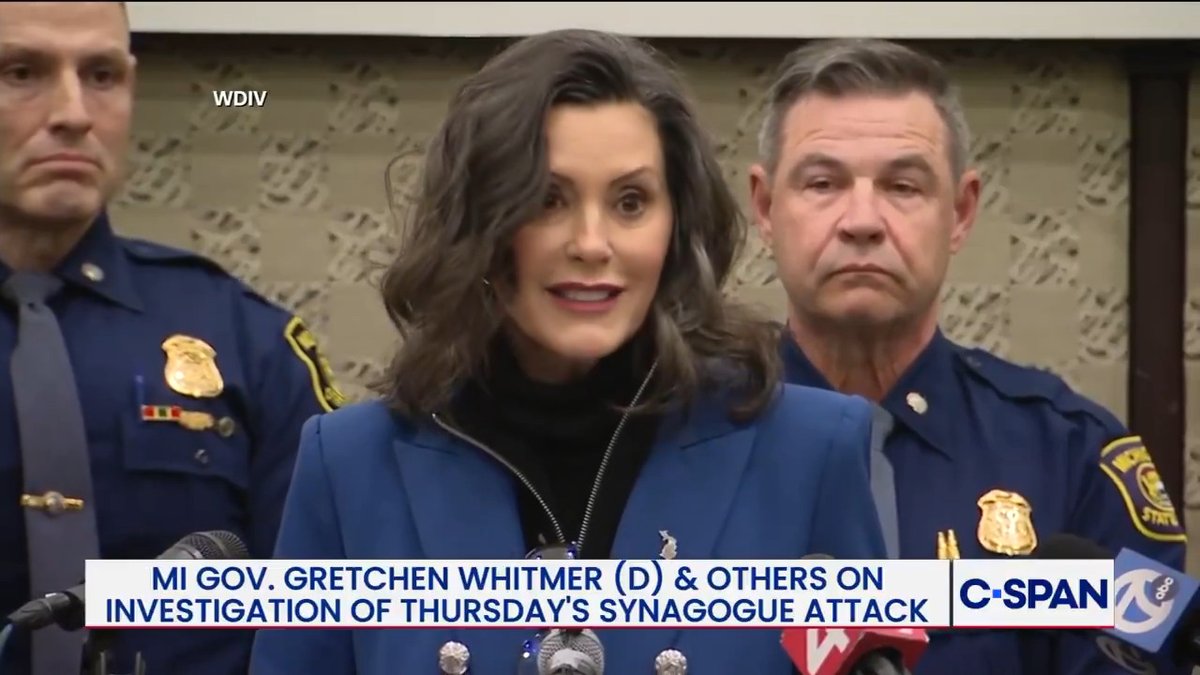 Michigan Governor Gretchen Whitmer expressed support for the state's Jewish community after yesterday's attack on a synagogue: "Yesterday's attack was antisemitism…we will fight this ancient and rampant evil, we will stand together as we do it, and we will call it out."
