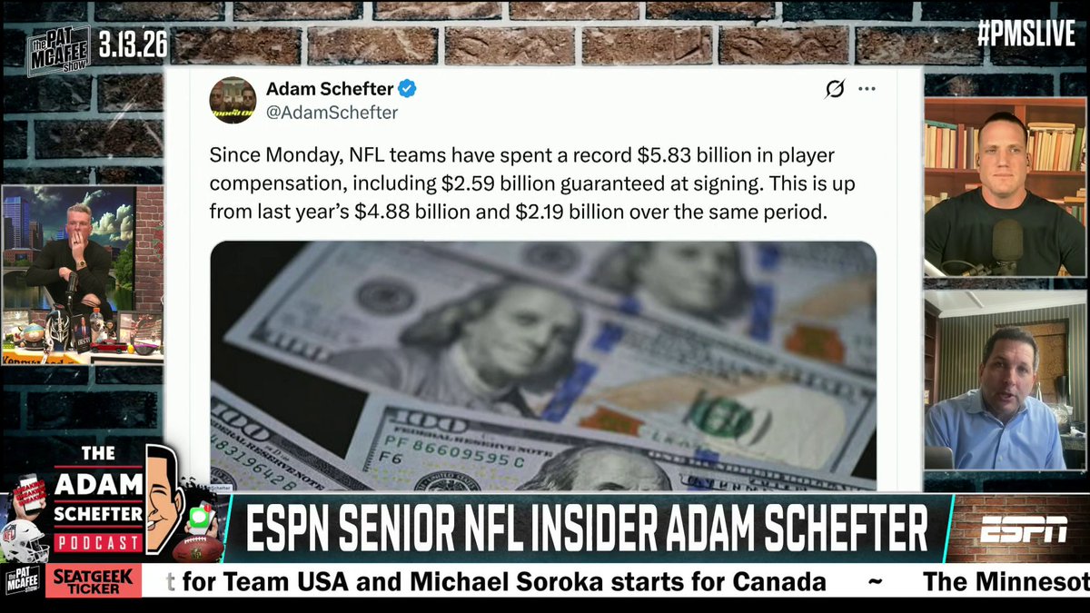"Is two billion a mistake? I mean thank god you're doing what you're doing and not being an accountant." 🤣 Adam Schefter joins the Pat McAfee to talk about the increase in NFL team spending this free agency period 💰