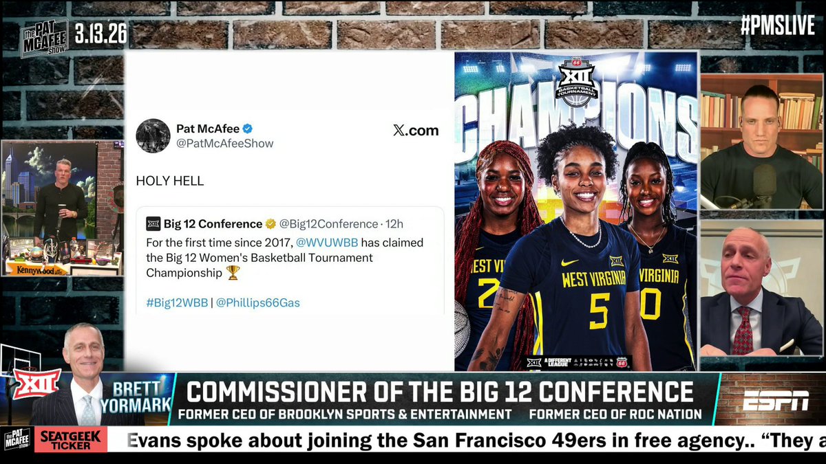 Big 12 Conference commissioner Brett Yormark holds WVU women's basketball in high regards going into the NCAA tournament 👏 (via The Pat McAfee)