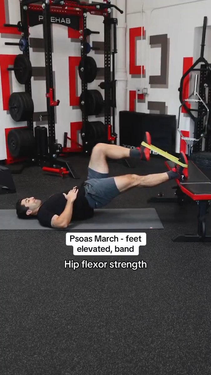 Top 5 exercises for RUNNERS: 1. Psoas march - hip flexor strength 2. Single leg fire hydrant - single leg control 3. Bulgarian split squat - single leg strength 4. Creeper march - full body strength 5. Single leg heel raise - soleus strength