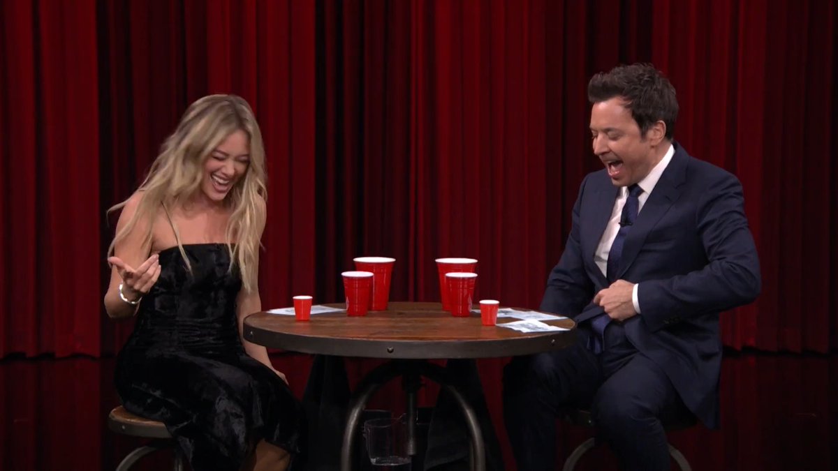 .Hilary Duff & Jimmy try to sing with mouths full of water in the Sip and Sing Challenge! #FallonTonight