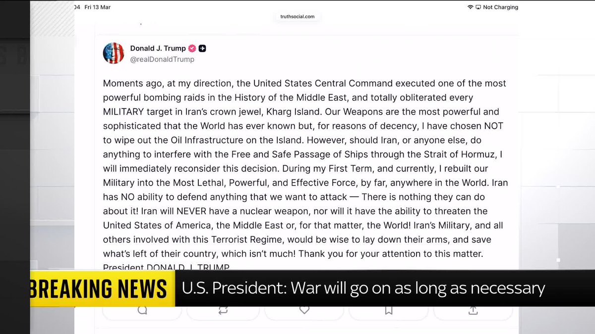 BREAKING: The U.S. has "obliterated every military target" on Kharg Island but "chosen not to wipe out" its oil infrastructure, says Donald Trump. The small island just off Iran's coast serves as the terminal for nearly of all the country's oil exports.