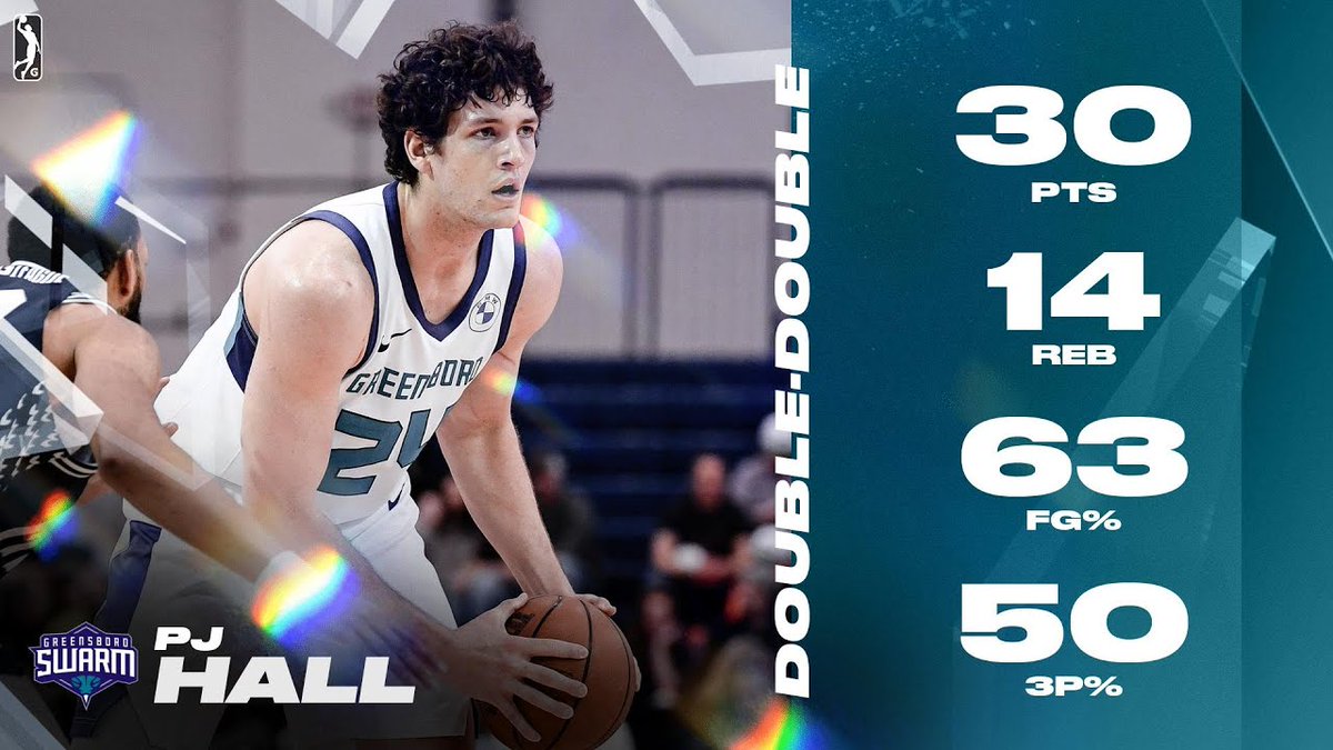 Another impressive performance by PJ Hall in the Greensboro Swarm's win against the Osceola Magic tonight! 💪 PJ Hall: 30 PTS, 14 REB, 2 AST, 4 3PM Antonio Reeves: 17 PTS, 4 REB, 3 AST, 2 STL, 3 3PM