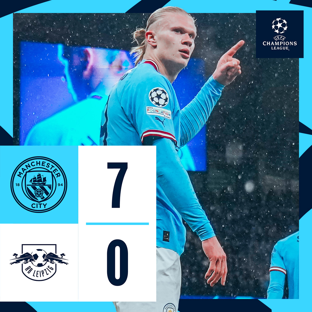 #OnThisDay: #ManCity 7-0 RB Leipzig [2023] ⚽️ [22' P, 24', 45+2', 53', 57'] Erling Haaland ⚽️ [49'] Ilkay Gündogan ⚽️ [90+2'] Kevin De Bruyne [Agg: 8-1]