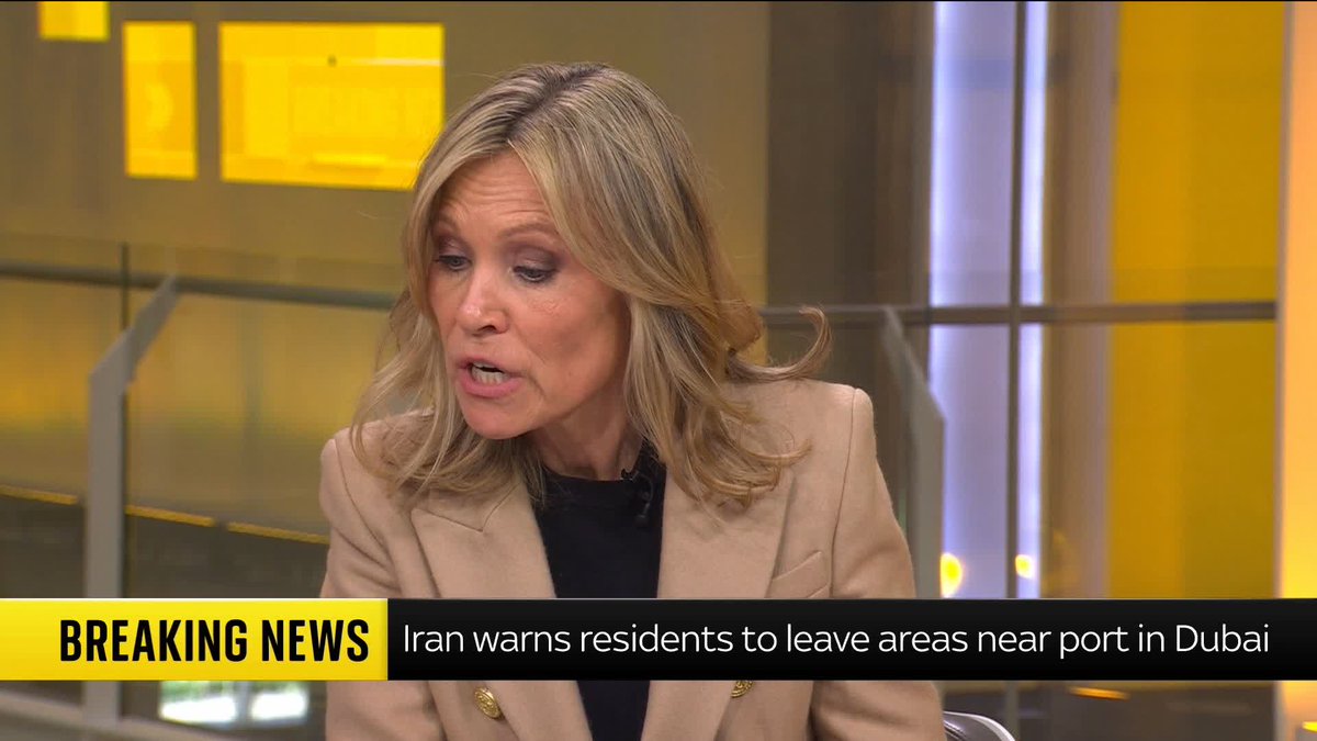 BREAKING: Iran warns residents to leave areas near port in Dubai, according to Reuters. 📺 Sky 501, Virgin 602, Freeview 233, and YouTube