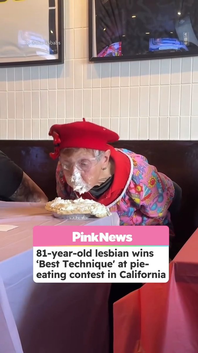 In honour of Pi Day, here's a reminder that an 81-year-old lesbian went viral after she won the ‘Best Technique’ award at a lesbian pie-eating contest in San Francisco. Babs Daitch wowed an enthusiastic crowd with her impressive pie-eating skills on 23 November. Videos posted to her Instagram account show her very spectacularly devouring a cream-covered pie using only her face. The contest was part of a fundraiser for The Curve Foundation’s Lesbian Visibility Week. “I took my time savoring every morsel of crust hidden beneath those sweet hills and valleys,” Daitch said. Although she didn’t take home the first place trophy, she clearly left an impression on the judges with her tongue action. Posting to her Instagram account, Daitch said that her ‘Best Technique' trophy proves “once and for all that experience matters.”