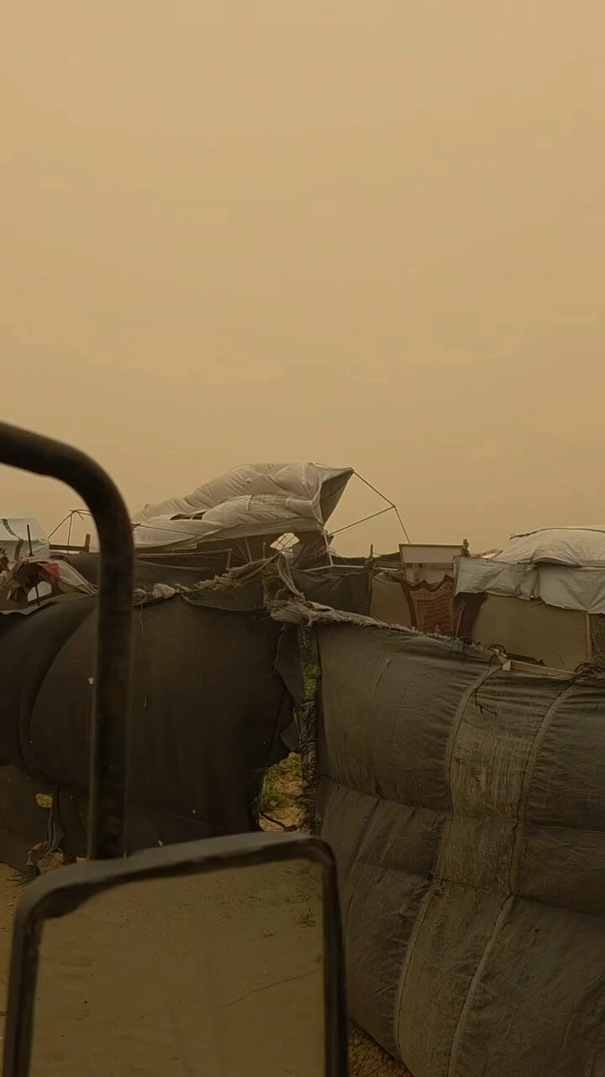 Several displacement tents in the Gaza Strip were blown away as a weather depression accompanied by a dust storm began, worsening the suffering of families living in displacement camps.