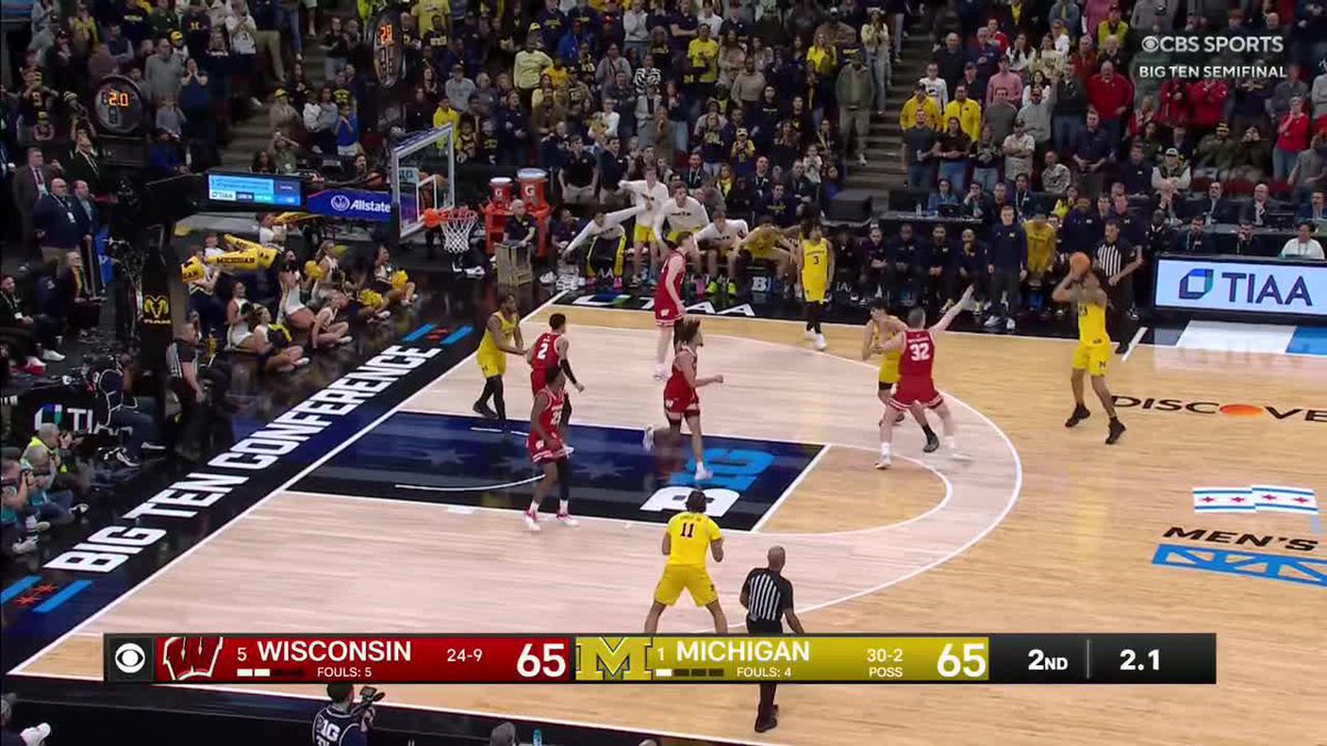 Watch the Michigan bench. They all run onto the floor the moment the ball goes through the net. Not trying to be a fun hater, but that should 100% be a technical foul on the Wolverine bench. Two FTs and the ball should have been awarded to Wisconsin.