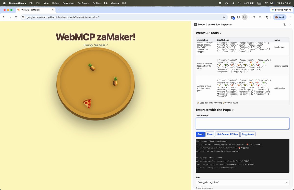 Take a bigger slice of the agentic web this #PiDay by shipping a literal pizza pie → To try: enable chrome://flags/#enable-webmcp-testing &amp; install the Model Context Tool Inspector extension. Share what "pi" you’d build below! 🍕