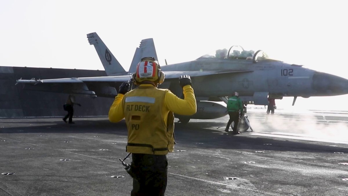 F/A-18E Super Hornets and F-35C Lightning lls assigned to Carrier Air Wing Nine (CVW-9), carry out daytime and nighttime flight operations against Iran onboard the USS Abraham Lincoln (CVN-72), from its position in the Arabian Sea, in support of Operation Epic Fury, March 12, 2026.