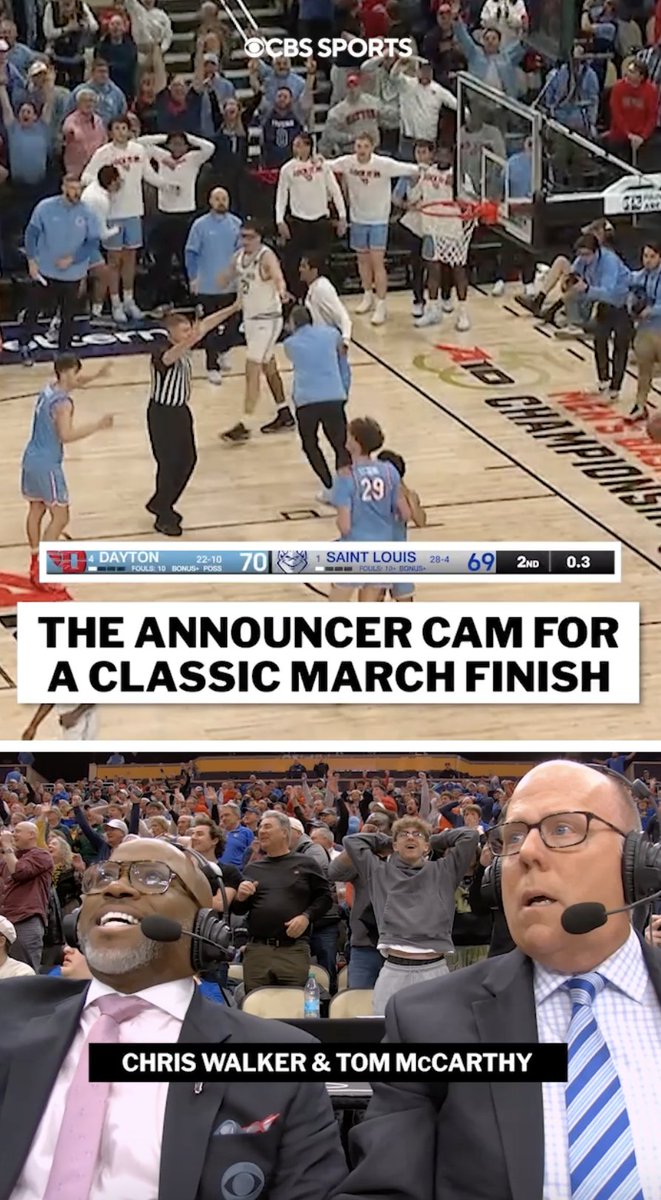 .Tom McCarthy and Chris Walker couldn't believe the MADNESS at the end of Dayton Basketball's win over Saint Louis in the Atlantic 10 semis 🤯