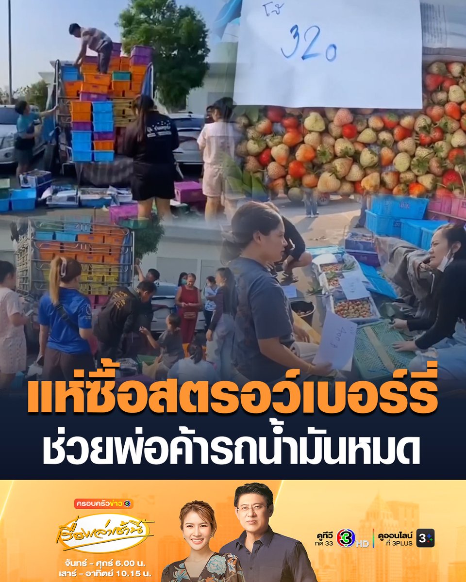 #เรื่องเล่าเช้านี้ น้ำใจคนไทย ชาวบ้านแห่ซื้อสตรอว์เบอร์รี่ ช่วยพ่อค้าที่รับมา 8 หมื่น แต่รถเกิดน้ำมันหมด เข้าปั๊มก็ไม่มีน้ำมัน ทำส่งของไม่ทัน ถูกยกเลิกออเดอร์ #ข่าวช่อง3 #ข่าวเศรษฐกิจ
