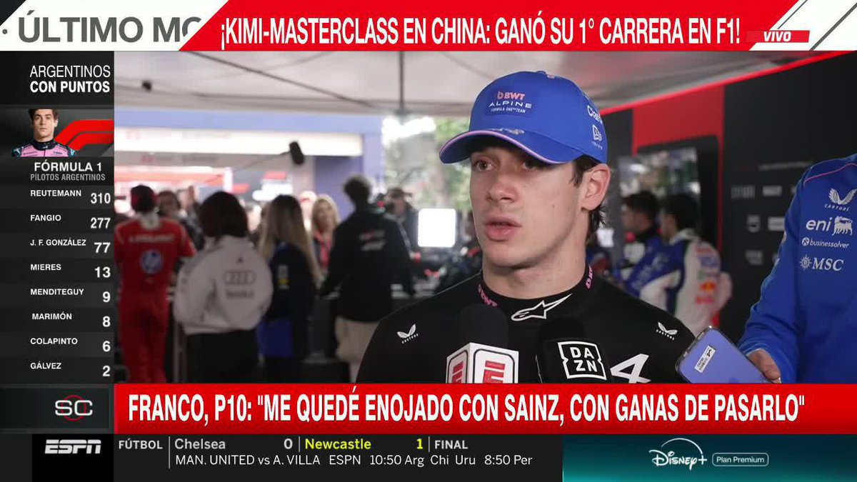 "CON CARLOS SAINZ ME QUEDÉ BASTANTE CALIENTE. TENÍA UNAS GANAS DE PASARLO", Franco Colapinto y su BRONCA por terminar décimo y escalar más puestos. 📺 #ChineseGP | Toda la temporada de #F1 por #DisneyPlus Plan Premium
