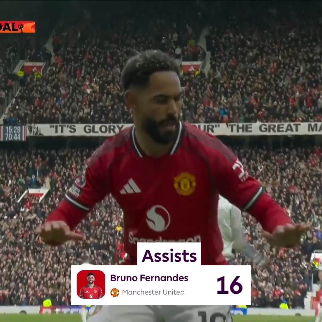 HISTORY FOR BRUNO FERNANDES. 🙌 He gets assists number 15 and 16 of the campaign to pass David Beckham for the Man United single season all-time record.