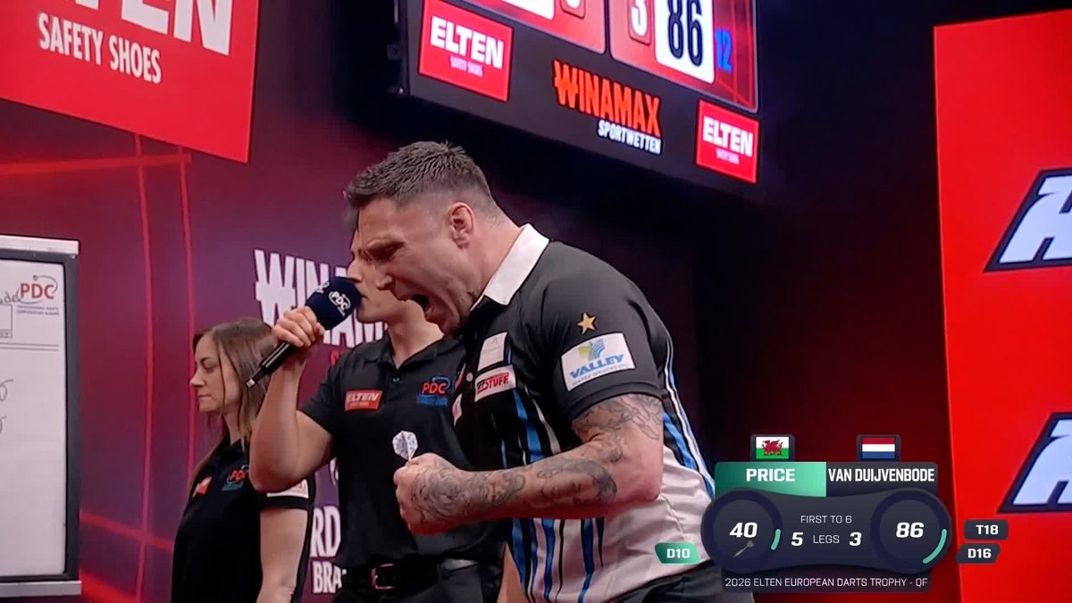 PRICE POWERS THROUGH! Gerwyn Price completes our semi-final line-up after recording his 18th win against Dirk van Duijvenbode! 📺 #ET2