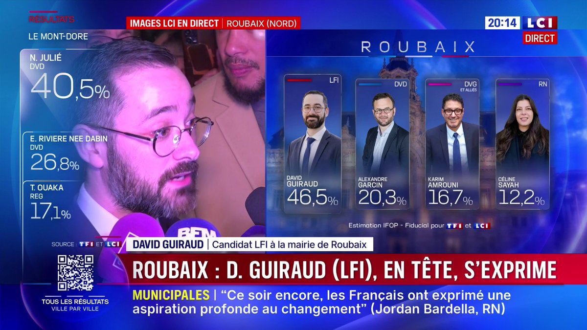 🔴 "C'est très encourangeant", affirme David Guiraud, candidat LFI la mairie de Roubaix, après les résultats du premier tour des élections municipales à Roubaix