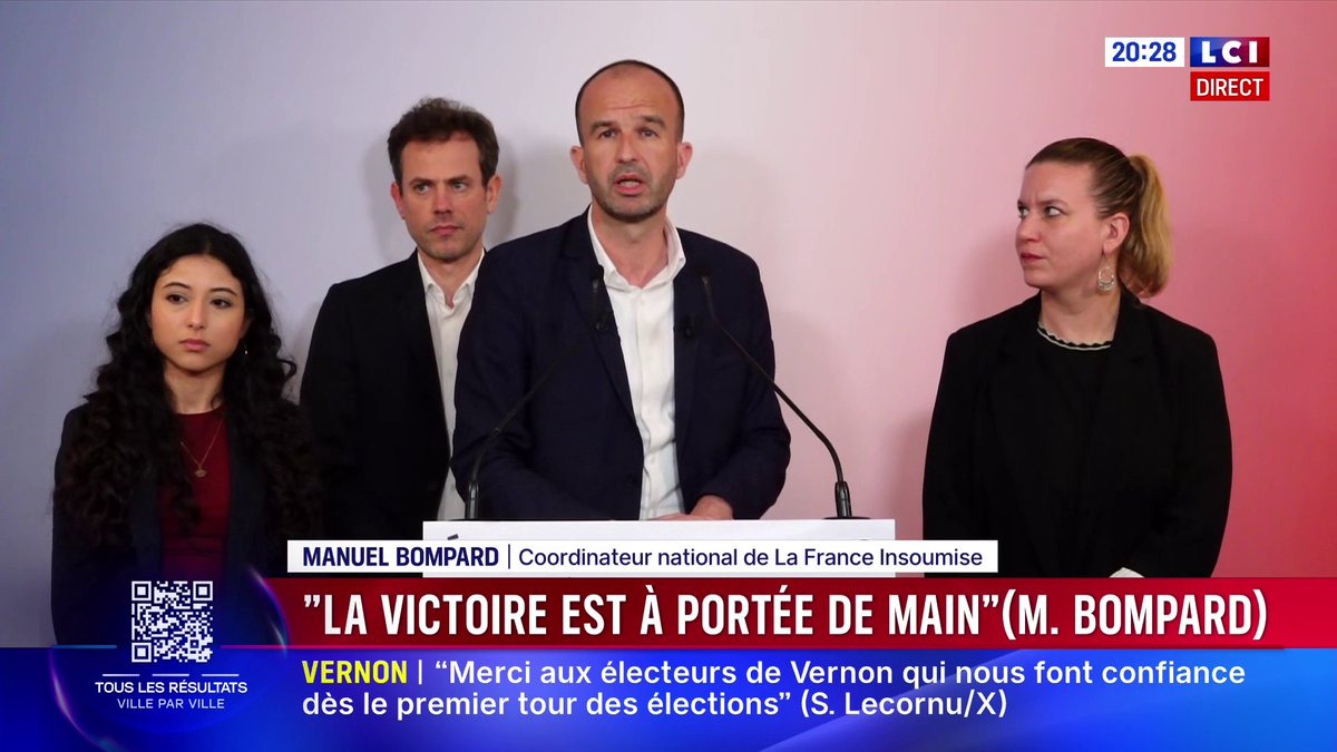 🔴 "Nous tendons la main aux autres listes engagées dans ce scrutin, pour permettre, partout où la droite et l'extrême dorite menacent, la consitution d'un front antifascite au second tour" ➡️ Manuel Bompard, coordinateur national de La France Insoumise