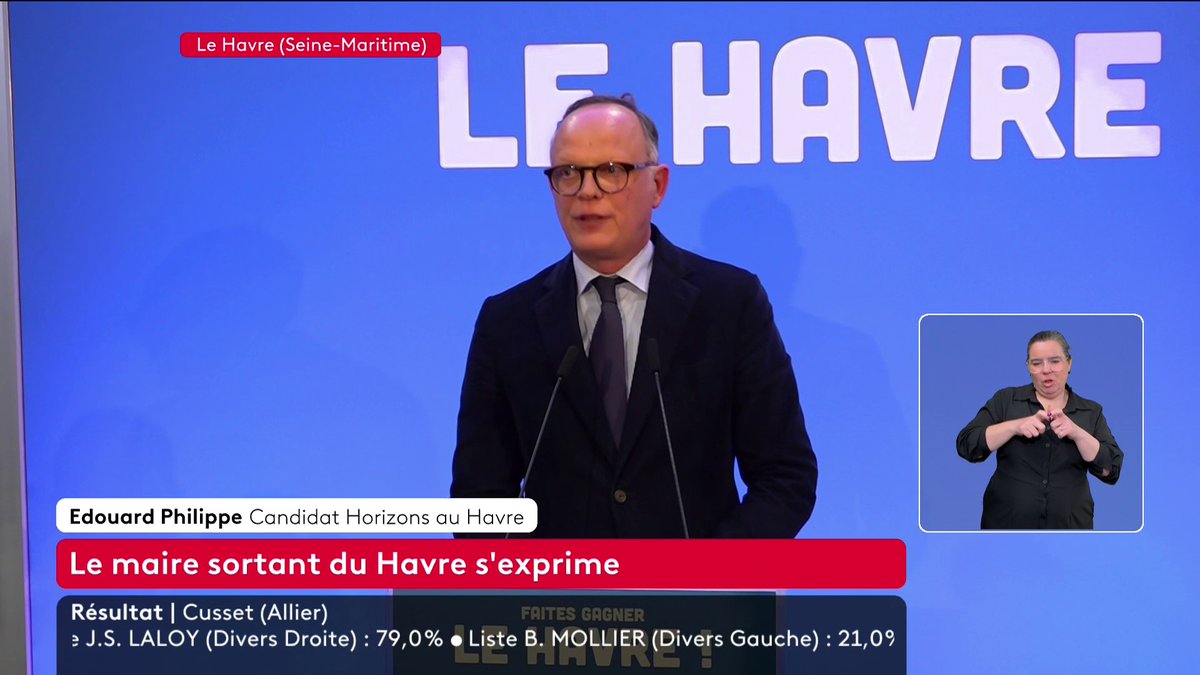 Municipales : Edouard Philippe, donné en tête dans sa ville du Havre, en Normandie, prend la parole. "Les Havraises et les Havrais ont indiqué qu'ils voulaient poursuivre la transformation de notre ville", se félicite l'ancien Premier ministre, crédité de plus de 43% au 1er tour.