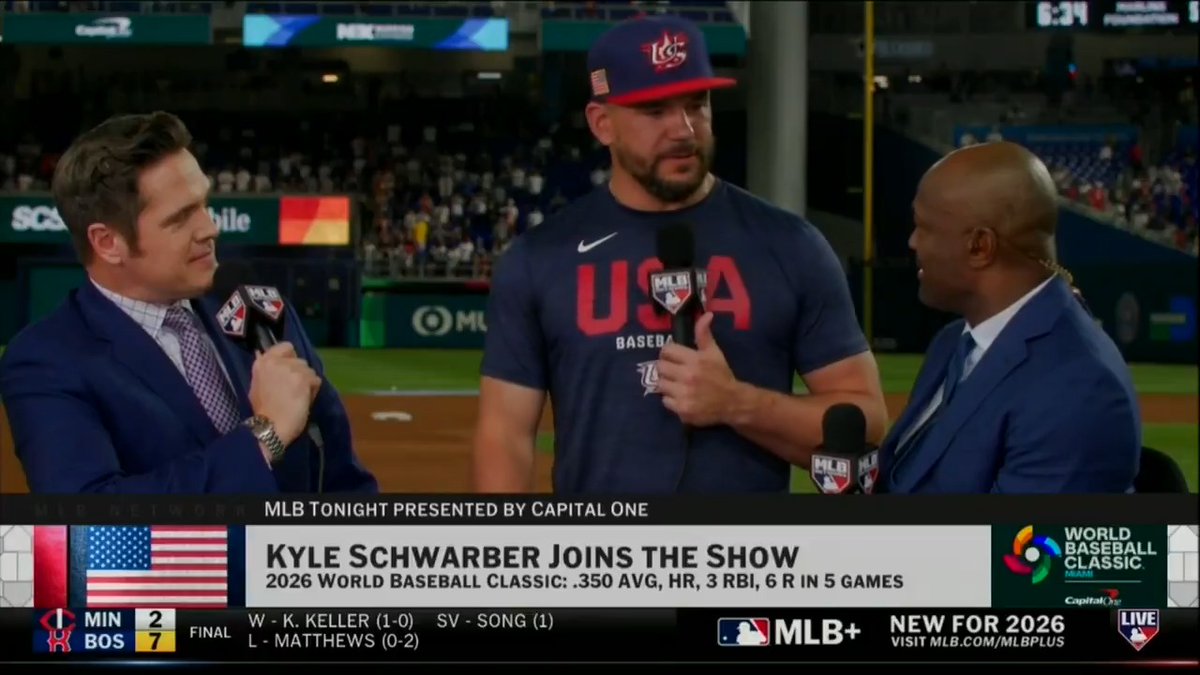Who's a USA teammate that's really impressed Kyle Schwarber after spending time with them behind the scenes? "Brice Turang, this guy's putting [homers] up in the second deck... making me feel small."