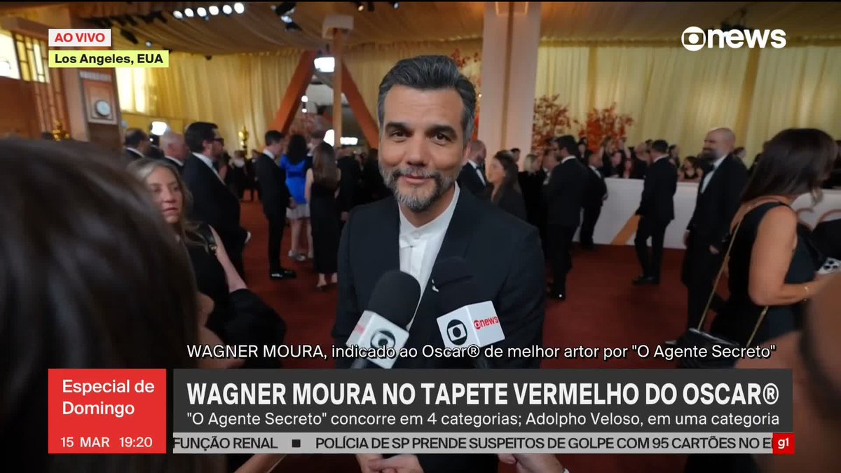 'Aconteça o que acontecer, eu quero agradecer a todos os brasileiros', diz Wagner Moura no tapete vermelho do Oscar® 2026. ➡️ Assista à #GloboNews: #EspecialdeDomingo