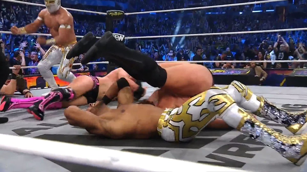 #ANDNEW! Kevin Knight ケビン・ナイト, Speedball Mike Bailey, and CARISTICO MISTICO MX Oficial have captured the #AEW World Trios Titles! Welcome to #AEW Místico! Watch #AEWRevolution LIVE on PPV!