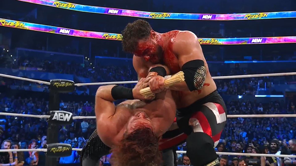 Hangman sends the skewers flying out of Maxwell Jacob Friedman™️'s head with a Buckshot Lariat! Watch #AEWRevolution LIVE on PPV!
