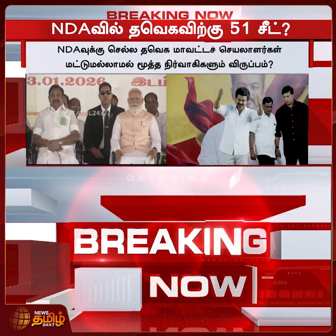#BREAKING | NDAவில் தவெகவிற்கு 51 சீட்.? - தேசிய ஜனநாயக கூட்டணிக்குள் தவெகவை இழுக்க பாஜக தீவிரமாக முயற்சி செய்து வருவதாக தகவல்.! #TVKVijay #TVK #BJP #NDAallaince #Election2026 #NewsTamil24x7