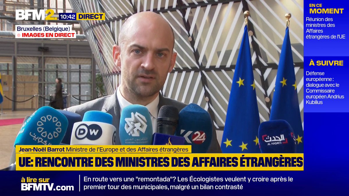 "L'escalade militaire incontrôlée et dangereuse au Proche et au Moyen-Orient ne nous détourne pas de l'Ukraine", déclare Jean-Noël Barrot qui réitère, au nom de la France, le "soutien à l'Ukraine et la pression à Vladimir Poutine" #BFM2