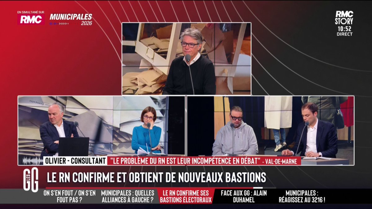 🔴 Le RN consolide ses bastions : un signe pour 2027 ? 🗣️ Olivier, au 3216, considère que Jordan Bardella et Marine Le Pen n'ont toujours pas le niveau : "C'est déjà plié pour eux. Le RN n'a pas les bons candidats. Ils se font laminer en débat par Mélenchon." #GGRMC
