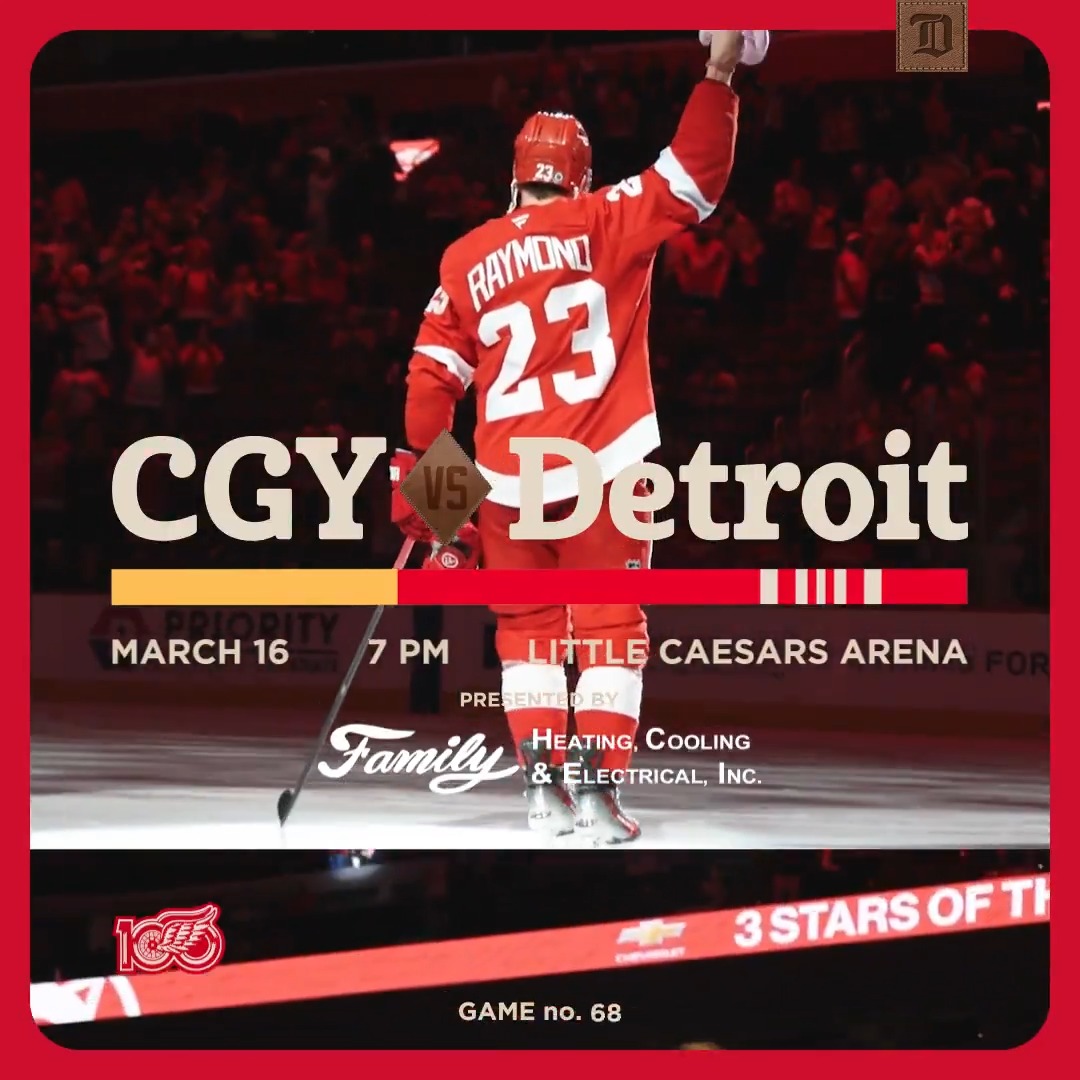 Back home vs. Calgary. #LGRW 🏒 7:00 P.M. 📺 FanDuel Sports Network Detroit 📻 97.1 The Ticket: 🎟️ 🤝 Family Heating, Cooling & Electrical Inc.