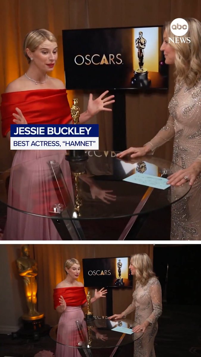 Jessie Buckley tells ABC News News' Lara Spencer, "I don't know if I expected it but I'm happy to be here" after her best actress win at the #Oscars for "Hamnet."