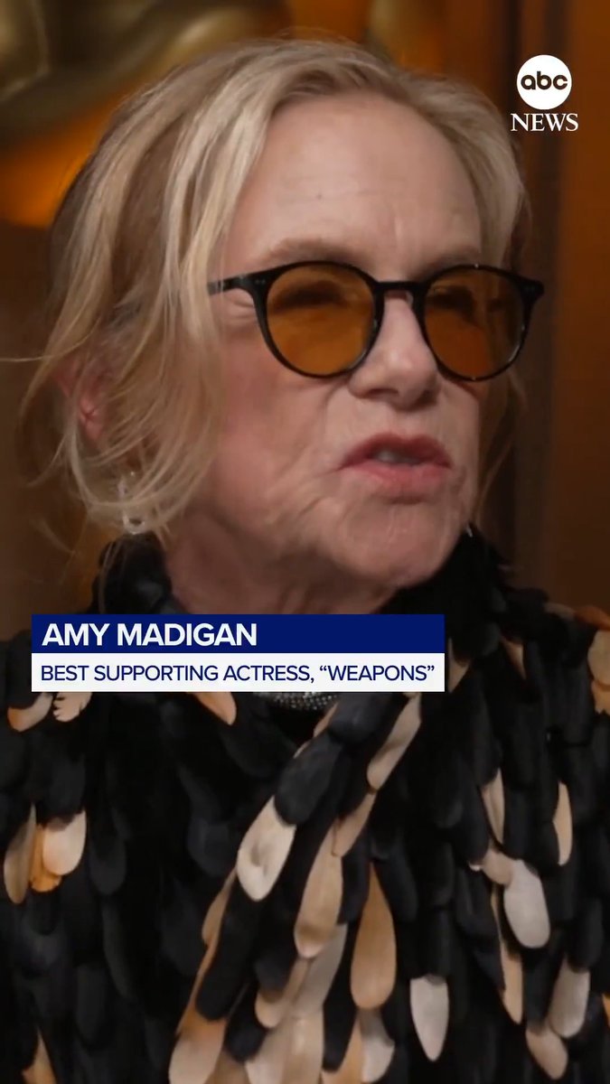 "I never thought it would end up with this," Amy Madigan tells ABC News News' Lara Spencer after her best supporting actress win at the #Oscars for "Weapons."