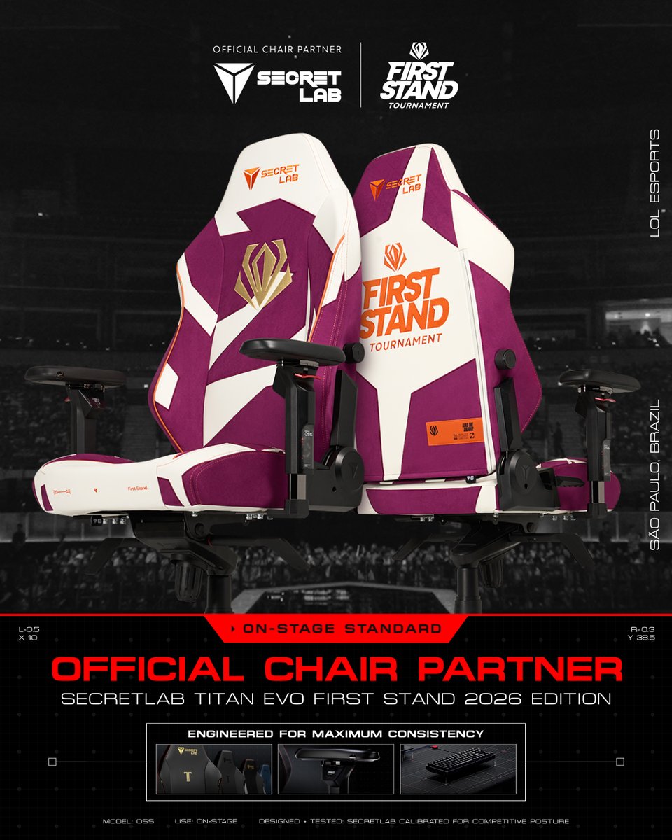 Back to power First Stand and the world's top LoL Esports players. Outfitted with the Secretlab InfinitePrecision™ Armrest (On-Stage Standard), the Secretlab TITAN Evo First Stand 2026 Edition helps pros recreate their practice setup on the world stage with millimeter-precision: #FST2026