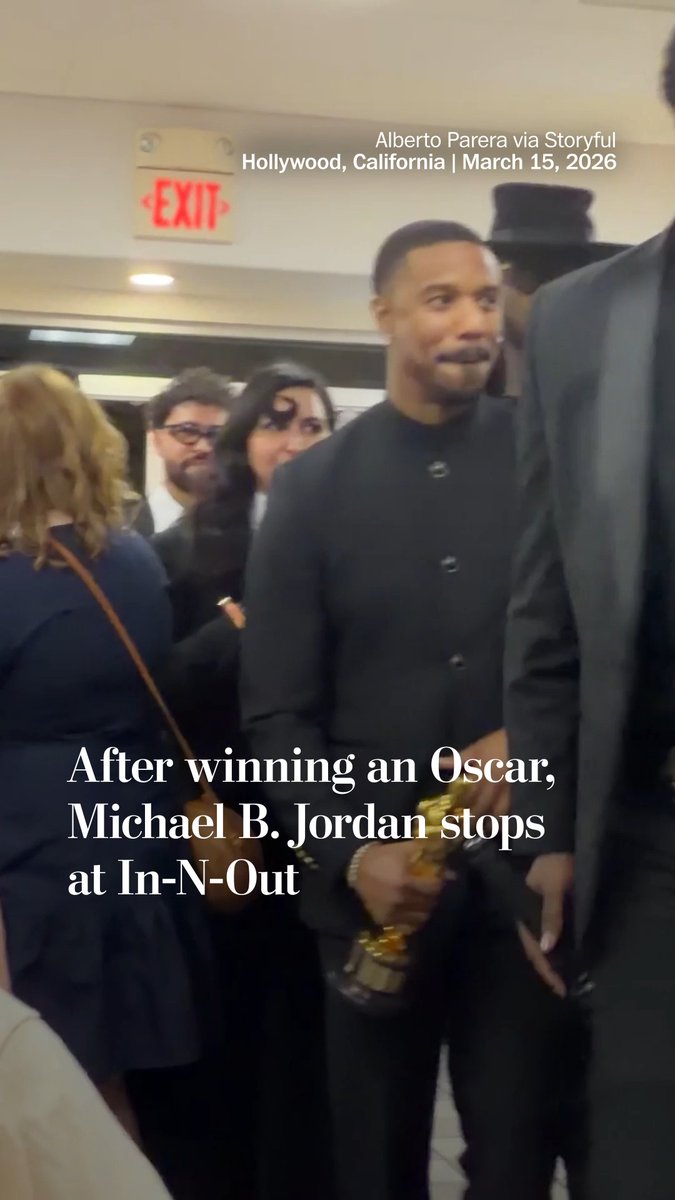 In classic Hollywood tradition, Michael B. Jordan stopped at In-N-Out Burger after his Oscars win, where he was cheered on by thrilled customers. Jordan won the Academy Award for best actor for his role as identical twins Smoke and Stack in “Sinners.” It's his first Oscars win. “I stand here because of the people that came before me,” Jordan said in his acceptance speech at the awards show, naming prominent Black actors whose footsteps he followed to the podium. “Thank you, everybody in this room, and everyone at home, for supporting me over my career.”