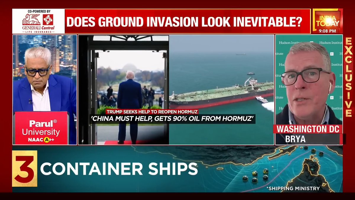 #EXCLUSIVE | US doesn't have enough ships to lift Hormuz blockade on its own: Bryan Clark, Senior Fellow, Hudson Institute He says Iran can still close the Strait using ground-launched drones and missiles from the shoreline. He suggests the US may eventually need ground troops to eliminate Iranian missile and drone threats. #NewsToday | Rajdeep Sardesai Bryan Clark