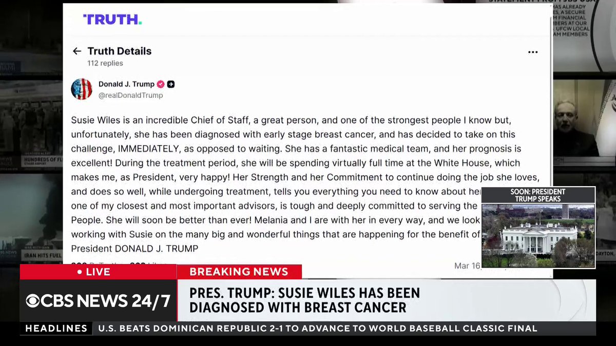 BREAKING: President Trump says his chief of staff Susie Wiles has been diagnosed with early stage breast cancer. Weijia Jiang has more.