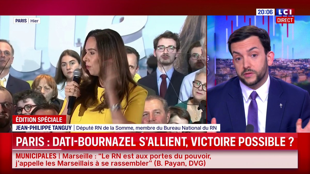 🗣️ Municipales à Paris : "Ça ne sert plus à rien de voter Mme Knafo, elle a menti aux électeurs RN", déclare Jean-Philippe Tanguy Ⓜ️, qui dit vouloir "faire barrage à la gauche" pour le second tour des municipales. ▶️ Darius Rochebin