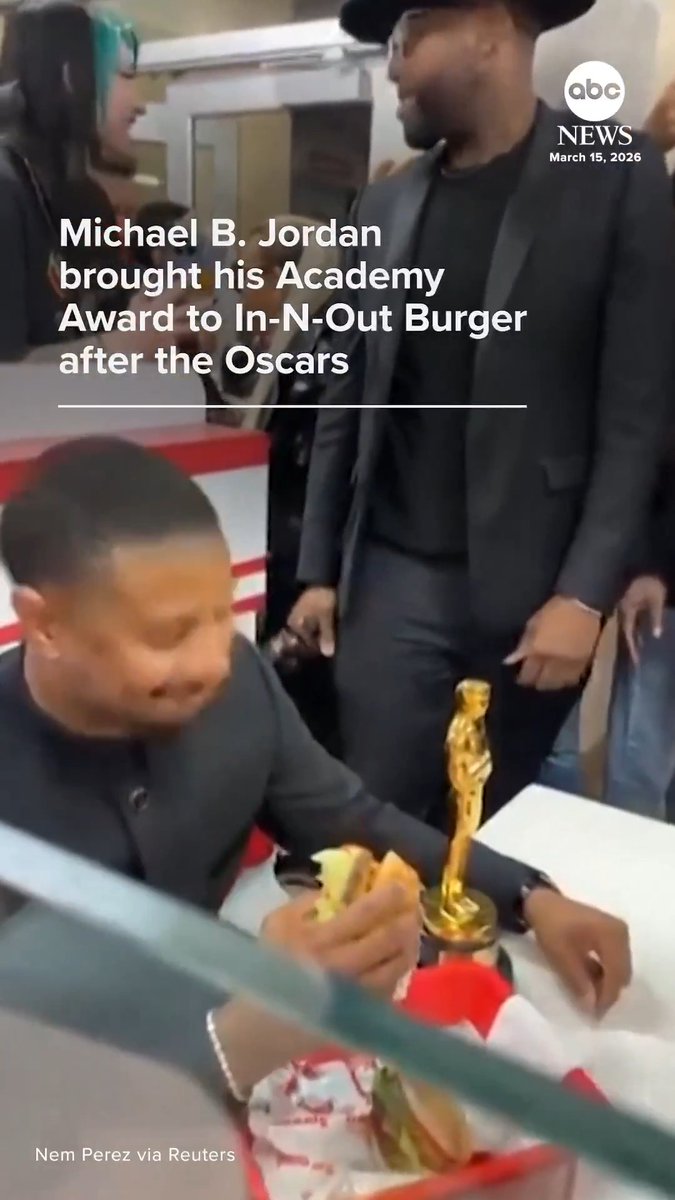 Michael B. Jordan celebrated his Oscar win for best actor with a burger from In-N-Out after Sunday night's Academy Awards ceremony.