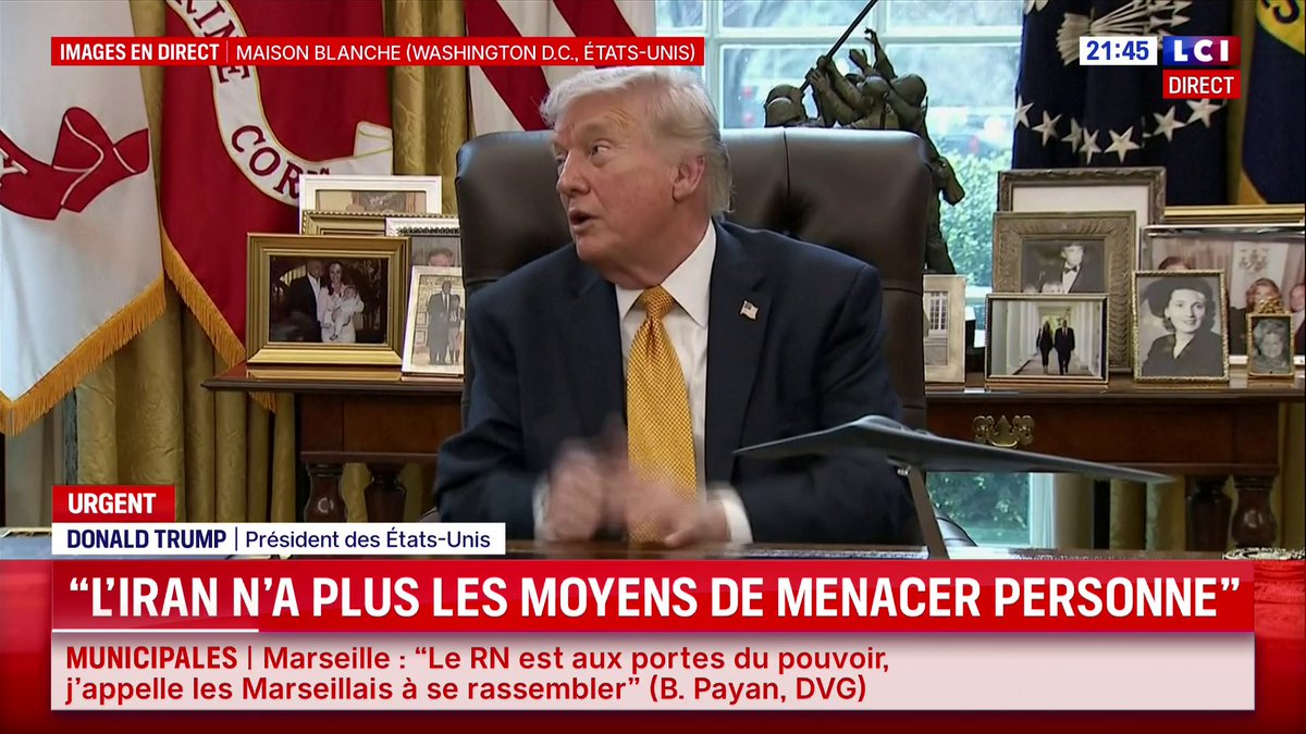 🔴 Donald Trump assure que "la guerre ne se terminera pas cette semaine", avant d’ajouter que les États-Unis "plieront bientôt bagage et le monde sera plus sûr."