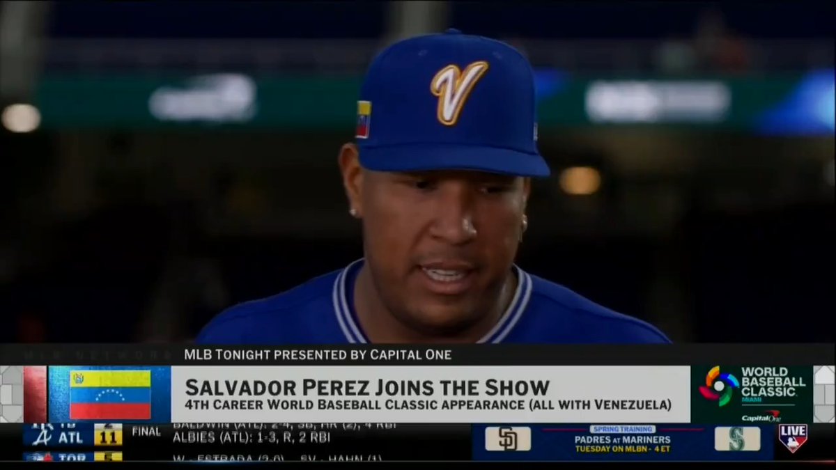 .Salvador Perez is in the midst of his FOURTH #WorldBaseballClassic tournament! 🇻🇪 The Kansas City Royals legend stopped by the #MLBTonight desk to discuss tonight's semifinal matchup with Team Italy. MLB Network + Capital One