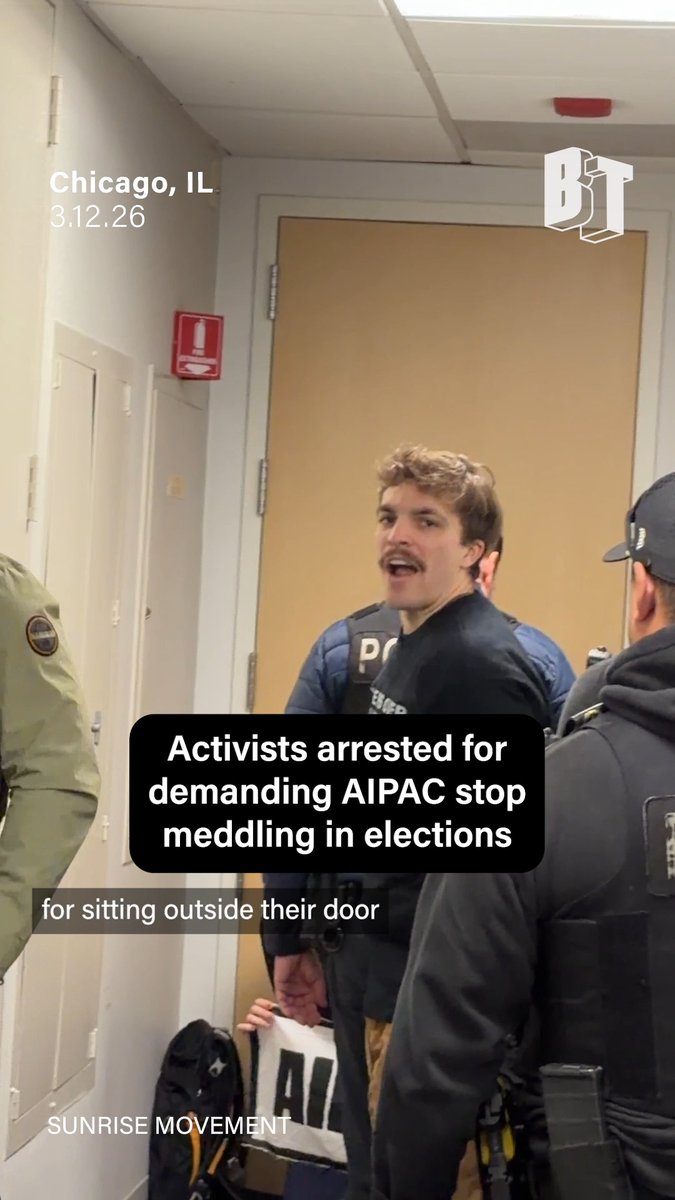 “AIPAC has spent over $19 million in Illinois’s Democratic primary. This is a corruption of our elections.” Chicago police arrested several Sunrise Movement 🌅 activists sitting outside of AIPAC’s Chicago office on Thursday. The activists were protesting AIPAC’s interference in upcoming primary elections. Due to widespread outrage about the genocide in Gaza, AIPAC donations have increasingly become a liability for pro-Israel Democrats. In response, AIPAC is using shell PACs like “Elect Chicago Women” to continue bankrolling their preferred candidates.