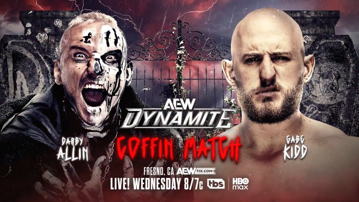 Wednesday Night #AEWDynamite LIVE, 8/7c on TBS + HBO Max This Wednesday, 3/18 COFFIN MATCH DARBY ALLIN vs GABE KIDD During the #AEWRevoluition Media Scrum, Kidd made a challenge to Darby Allin for A COFFIN MATCH! See who will be "pushing up the daisies", THIS WEDNESDAY!