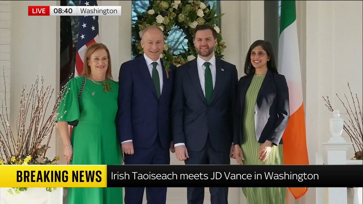 BREAKING: Irish Prime Minister Micheal Martin is at the White House for talks with Donald Trump. Vice President JD Vance greeted the Taoiseach, with the pair both wearing green ties on St Patrick’s Day.