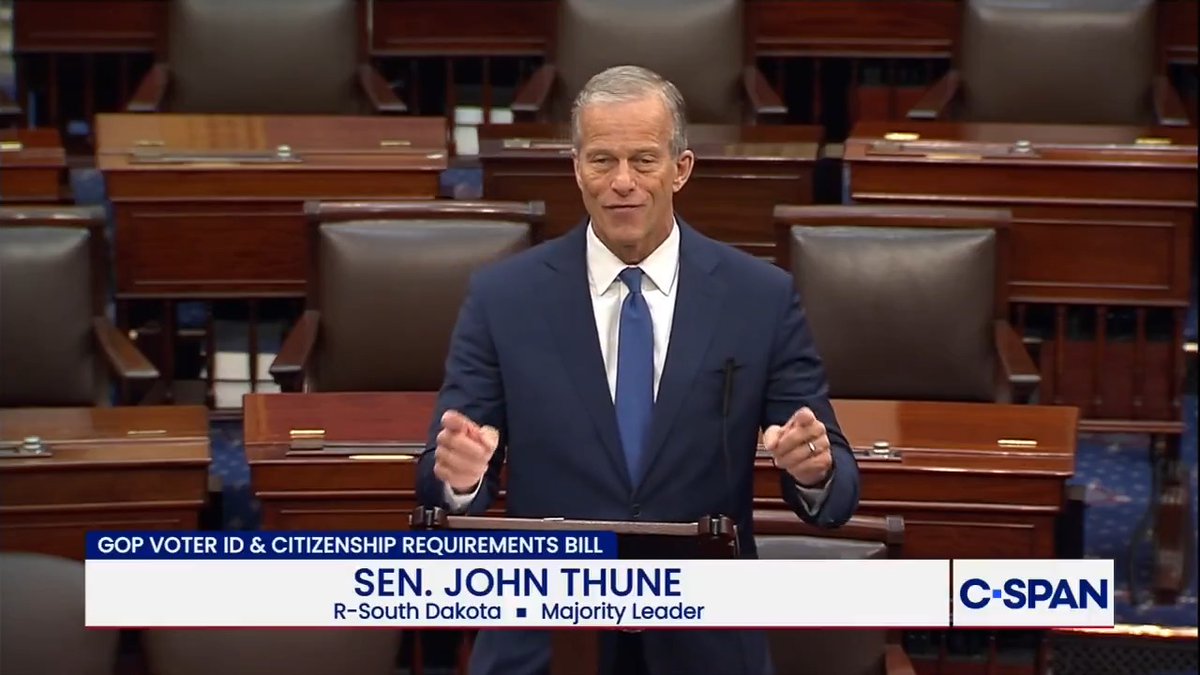 Leader John Thune criticizing Democrats on GOP Voter ID Bill: "Are they going to start boycotting libraries and airplanes, and hotels for requiring a photo ID…I expect they won't."