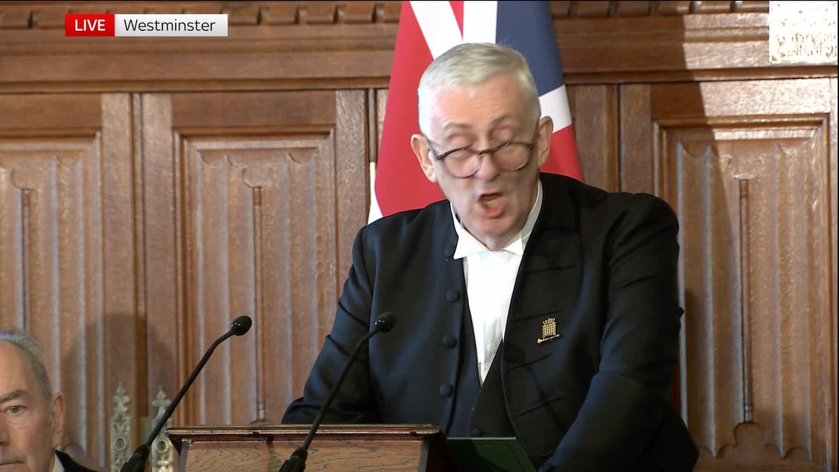 'We cannot celebrate because we cannot forget there is not yet a just and lasting peace'. Sir Lindsay Hoyle, Speaker of The House of Commons, introduces Ukrainian President Volodymyr Zelenskyy who is addressing MPs and peers in parliament.