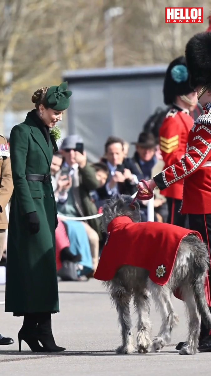 Princess Kate is celebrating St. Patrick's Day 🍀✨ The Princess of Wales continued her annual tradition of presenting shamrocks to Irish guards, including the regiment’s dog, Seamus 💛 Kate looked elegant in head-to-toe green, complete with rarely seen emerald earrings. 📽️ : Getty #PrincessKate #StPatricksDay