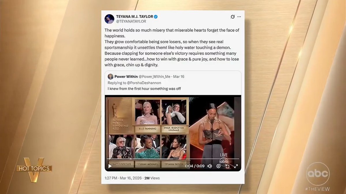 TEYANA TAYLOR CRITICIZED FOR REACTION TO MADIGAN OSCAR WIN: After the best supporting actress nominee responded to people who said she seemed off when she cheered on fellow nominee Amy Madigan's win, 'The View' reacts.