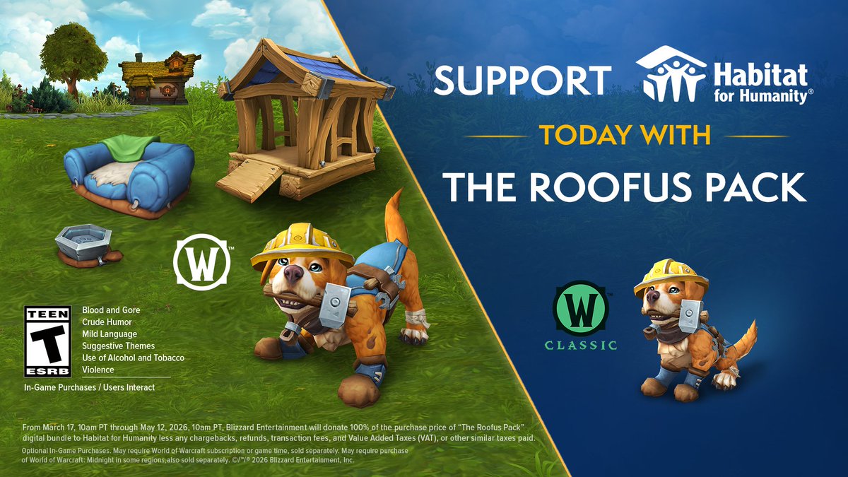 It’s the day to raise the roof with Roofus! Starting today, you can support Habitat for Humanity AND get a paw-sitively perfect pup. Available in Classic and Modern WoW! Bring Roofus home today: