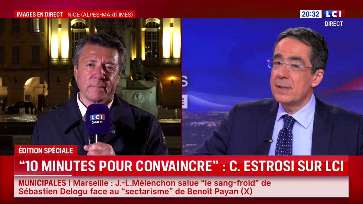 🔴 Bataille à Nice pour les municipales : Christian Estrosi est sur LCI 🗣️ "Tous ceux qui se sont réveillés avec la gueule de bois lundi matin s’activent de toutes leurs forces pour éviter que le RN mené par Eric Ciotti ne mette leur ville sous cloche pour les années à venir."