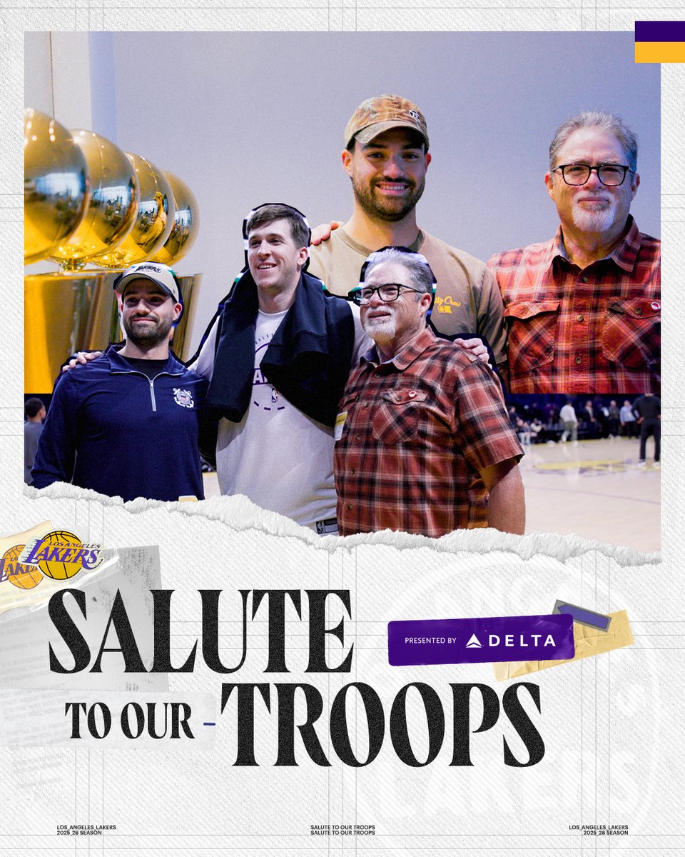 Teaming up with @delta and @bobhopeuso, the Lakers invited Joshua Ramos, U.S. Coast Guard, for a special day with the Purple &amp; Gold. Honoring those who have served with Salute to Our Troops 💜